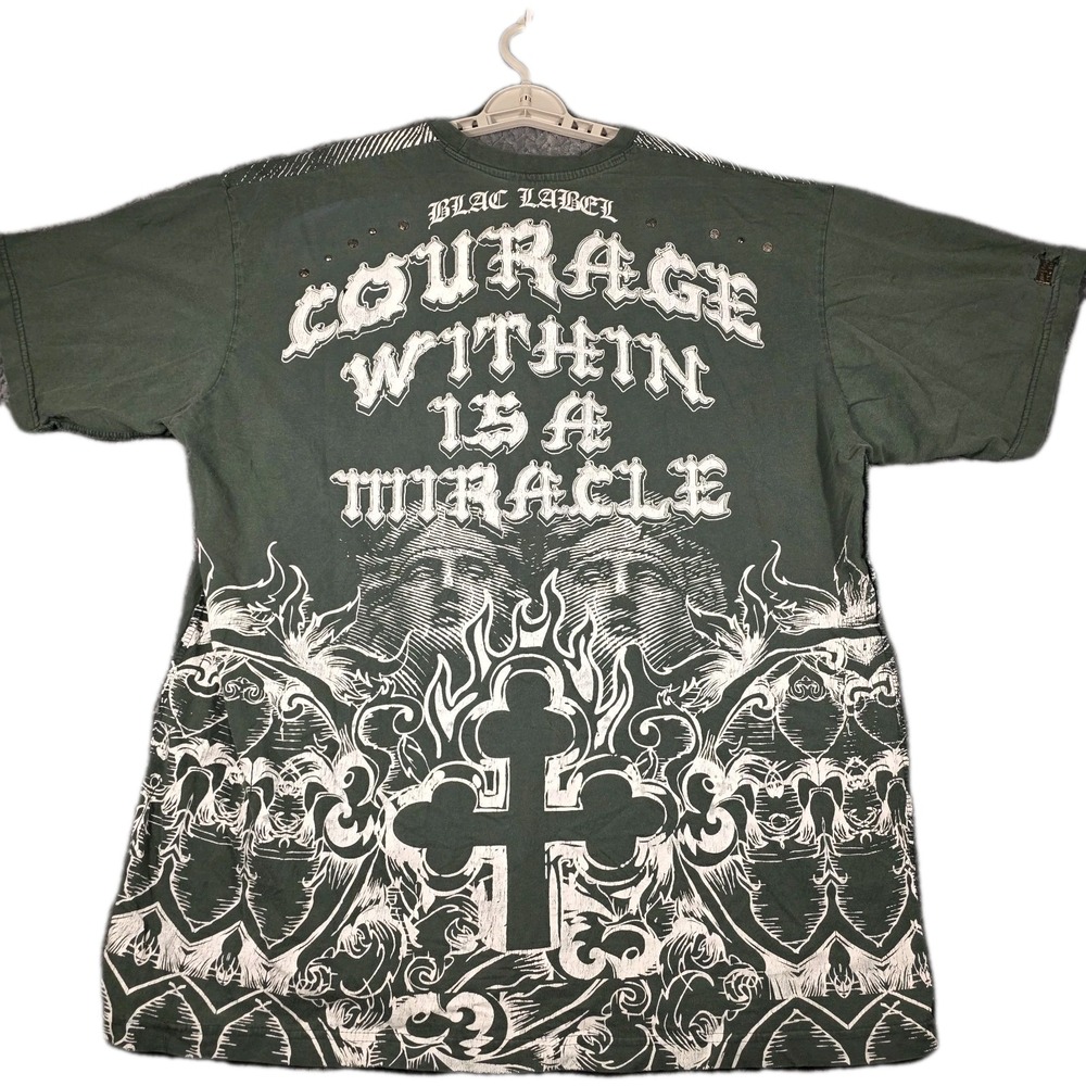 Black Label Men's Graphic T-Shirt XL Green Y2K Gothic Distressed Biker Flesh